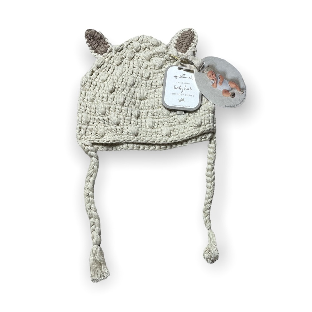 NWT Hallmark Hand Knit Baby Hat for Cozy Cuties Cream Hat With Ears 6-12 Months